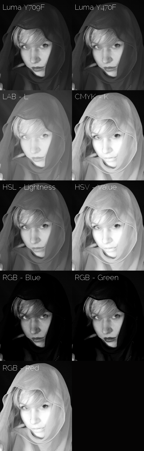 Grid of B&W converted images in GIMP using different color decompositions (grayscale).